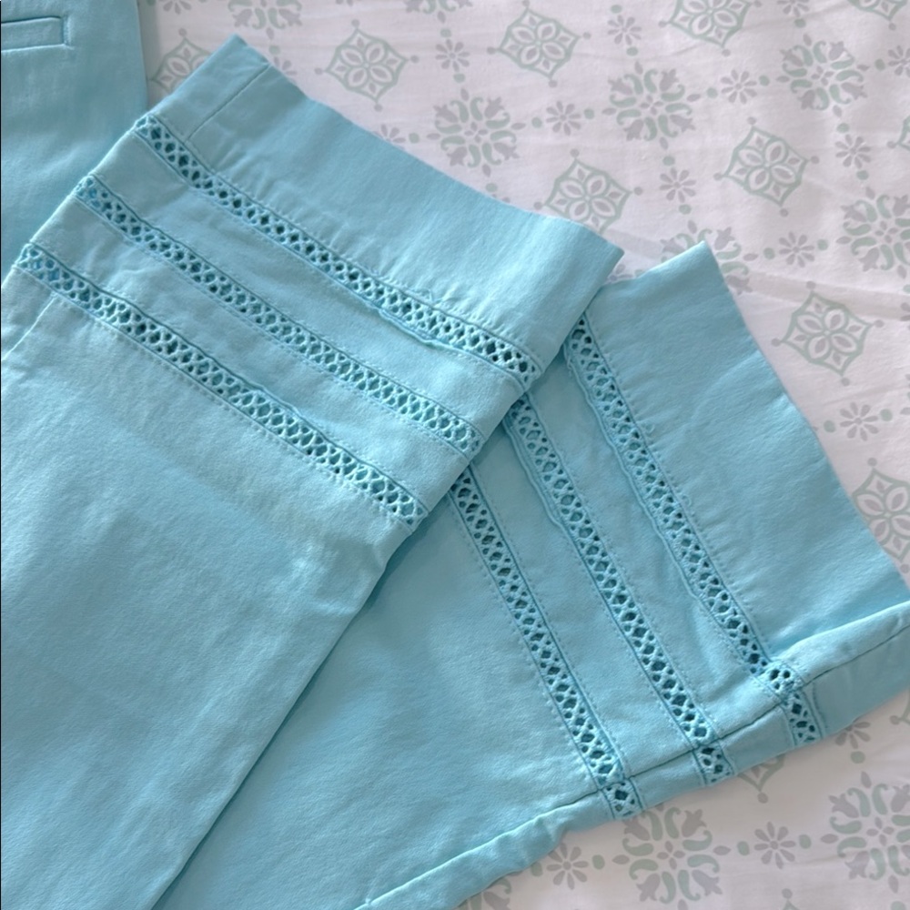 Chico’s aqua cropped pant with crochet lace details stretchy size 2 - Picture 2 of 8